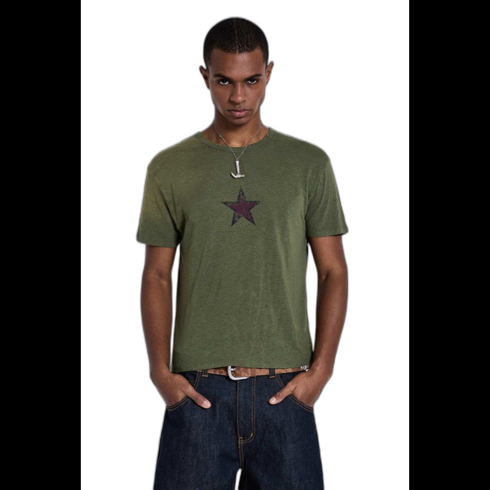 Jaded London Green Star Sun Faded T-Shirt Size Large Olive Khaki Distress